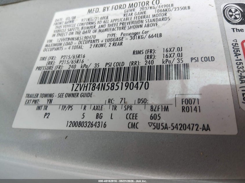 2008 Ford Mustang VIN 1ZVHT84N585190470 IAAI salvage auction — LEFT FRONT, Clear (Indiana), sold $700 on 2026-07-28 (photo 9)
