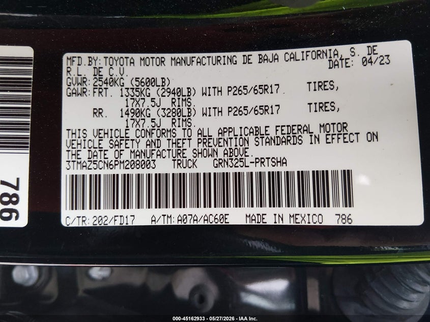 2023 Toyota Tacoma VIN 3TMAZ5CN6PM208003 IAAI salvage auction — FRONT END, Salvage Title, sold $8,250 on 2026-07-27 (photo 9)