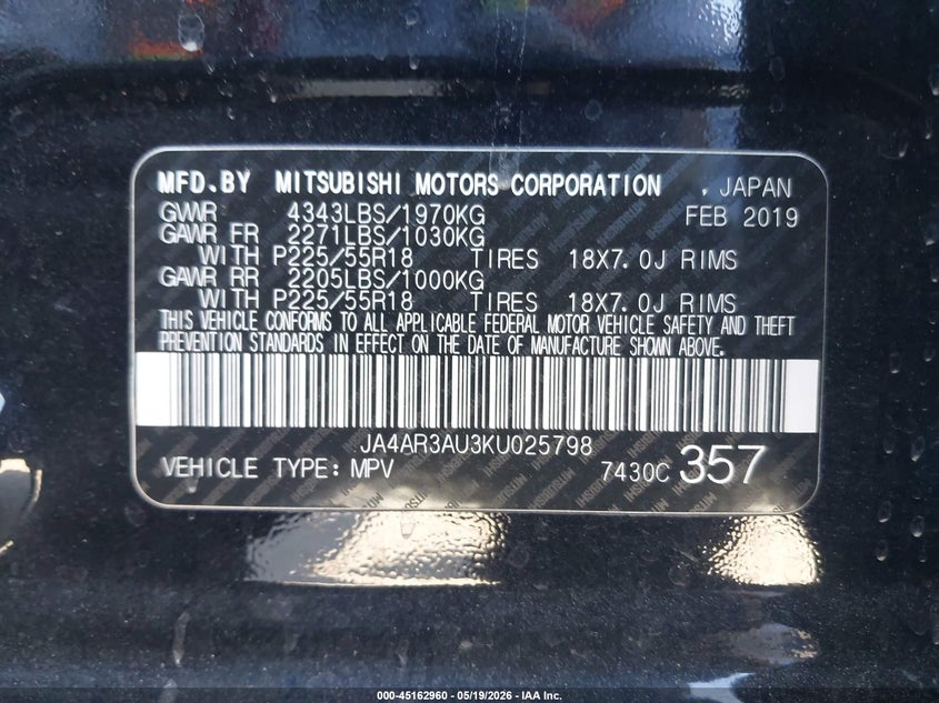 2019 Mitsubishi Outlander VIN JA4AR3AU3KU025798 IAAI salvage auction — LEFT FRONT, Salvage (California), sold $1,700 on 2026-07-15 (photo 9)