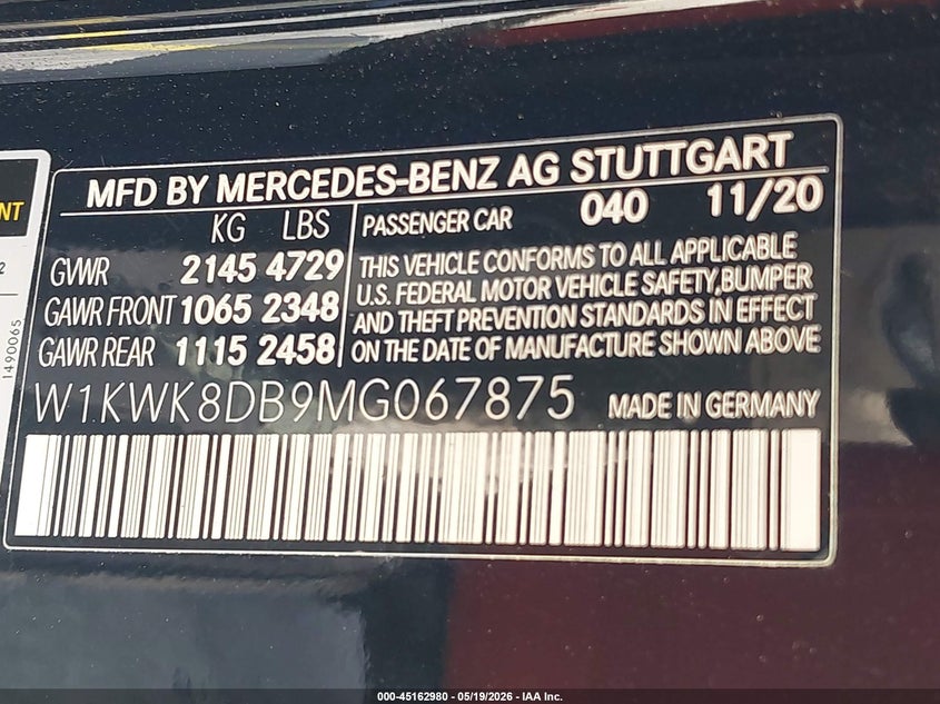 2021 Mercedes-benz C class VIN W1KWK8DB9MG067875 IAAI salvage auction — ENGINE DAMAGE, Rebuildable (Florida), sold $3,050 on 2026-07-08 (photo 9)