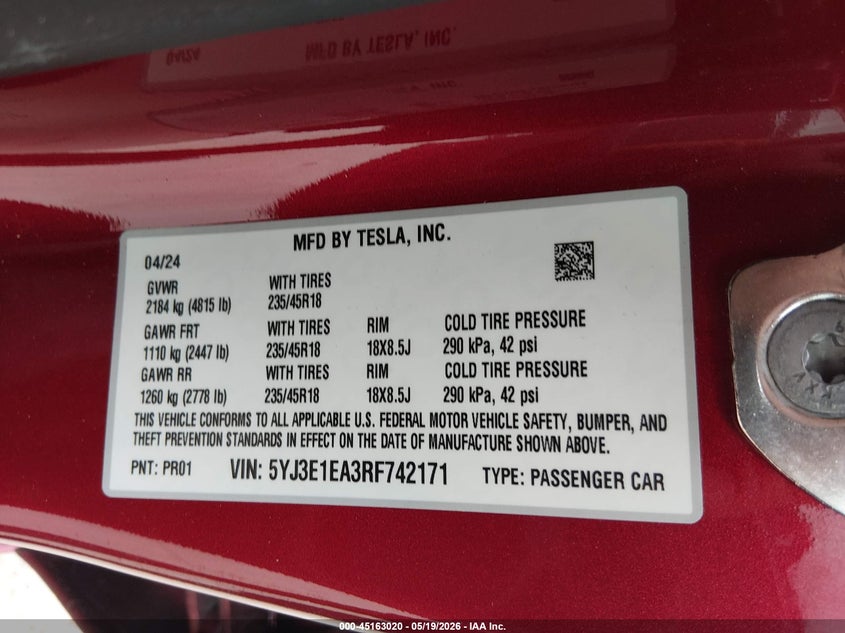 2024 Tesla Model 3 VIN 5YJ3E1EA3RF742171 IAAI salvage auction — REAR END, Original (Texas), sold $12,100 on 2026-07-30 (photo 9)