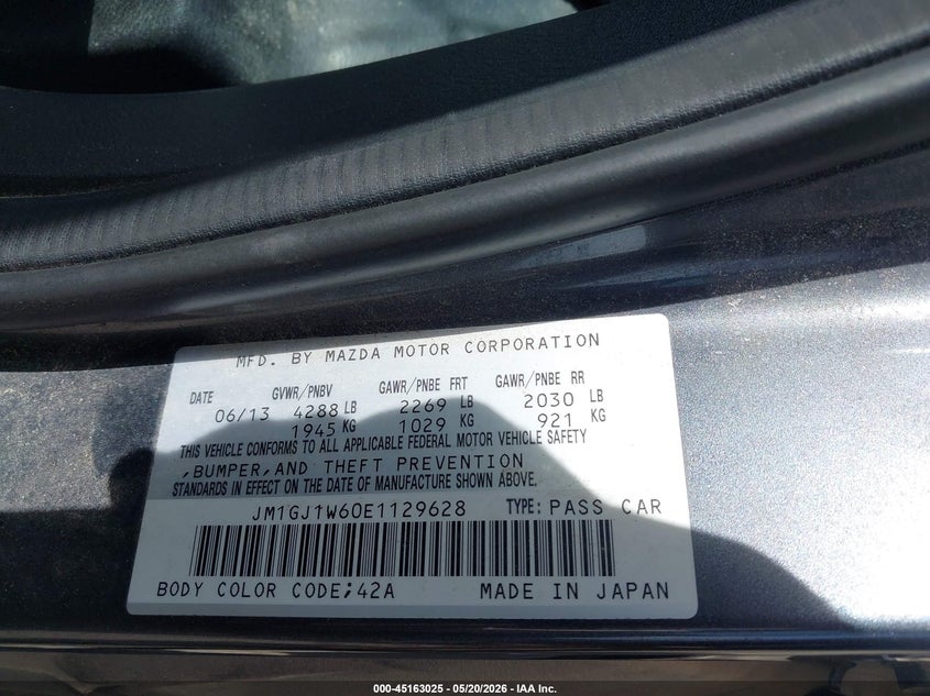 2014 Mazda 6 VIN JM1GJ1W60E1129628 IAAI salvage auction — REAR END, Salvage (Wyoming), sold $1,500 on 2026-07-22 (photo 9)