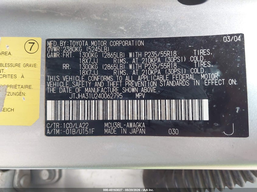 2004 Lexus Rx 330 VIN JTJHA31U240062795 IAAI salvage auction — RIGHT FRONT, Clear (Montana), sold $150 on 2026-07-15 (photo 9)