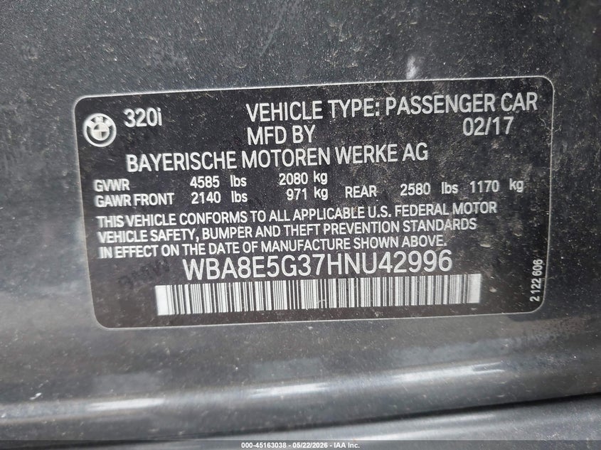 2017 BMW 3er VIN WBA8E5G37HNU42996 IAAI salvage auction — FRONT & REAR, Salvage (Ohio), sold $1,550 on 2026-08-06 (photo 9)