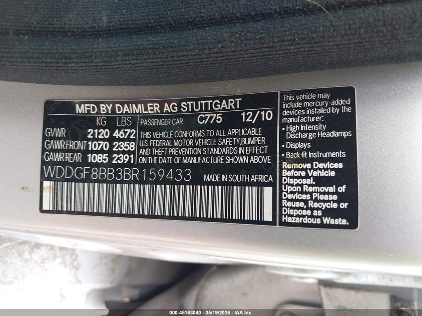 2011 Mercedes-benz C class VIN WDDGF8BB3BR159433 IAAI salvage auction — FRONT END, Salvage (Connecticut), sold $1,500 on 2026-07-23 (photo 9)