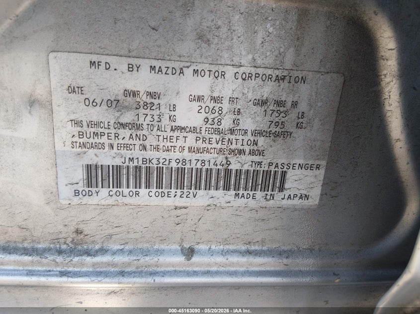 2008 Mazda 3 VIN JM1BK32F981781449 IAAI salvage auction — RIGHT REAR, Salvage - Greater Than 75% (Maryland), sold $225 on 2026-07-13 (photo 9)