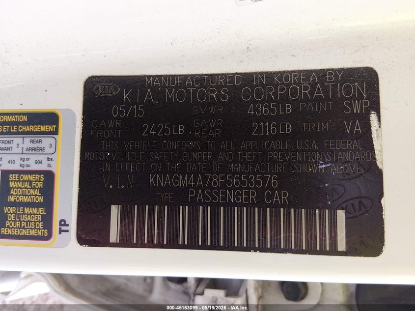 2015 Kia Optima VIN KNAGM4A78F5653576 IAAI salvage auction — FRONT END, Salvage (Ohio), sold $750 on 2026-07-30 (photo 9)