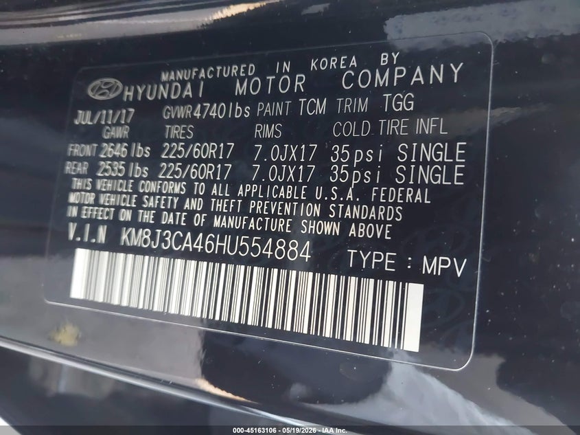 2017 Hyundai Tucson VIN KM8J3CA46HU554884 IAAI salvage auction — FRONT END, Salvage (Idaho), sold $1,300 on 2026-07-06 (photo 9)