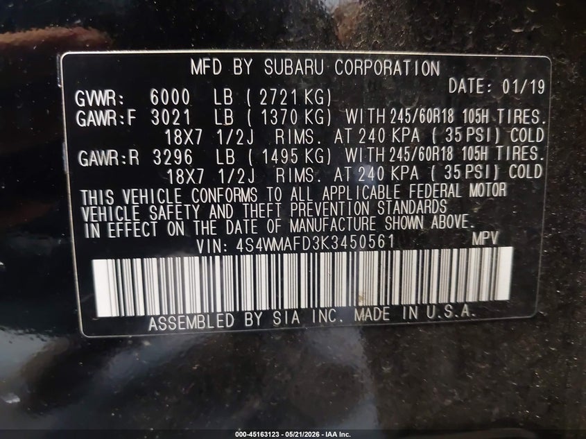 2019 Subaru Ascent VIN 4S4WMAFD3K3450561 IAAI salvage auction — REAR END, Salvage (Oklahoma), sold $4,000 on 2026-08-01 (photo 9)