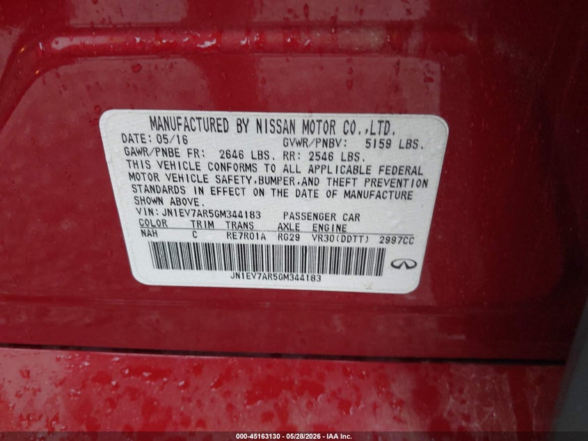 2016 Infiniti Q50 VIN JN1EV7AR5GM344183 IAAI salvage auction — HAIL, Clear (Missouri), sold $25 on 2026-07-27 (photo 9)