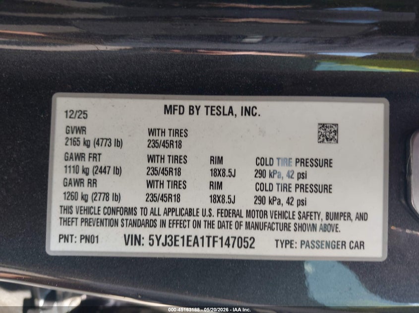 2026 Tesla Model 3 VIN 5YJ3E1EA1TF147052 IAAI salvage auction — ROLLOVER, Salvage (Idaho), sold $1,000 on 2026-07-29 (photo 9)
