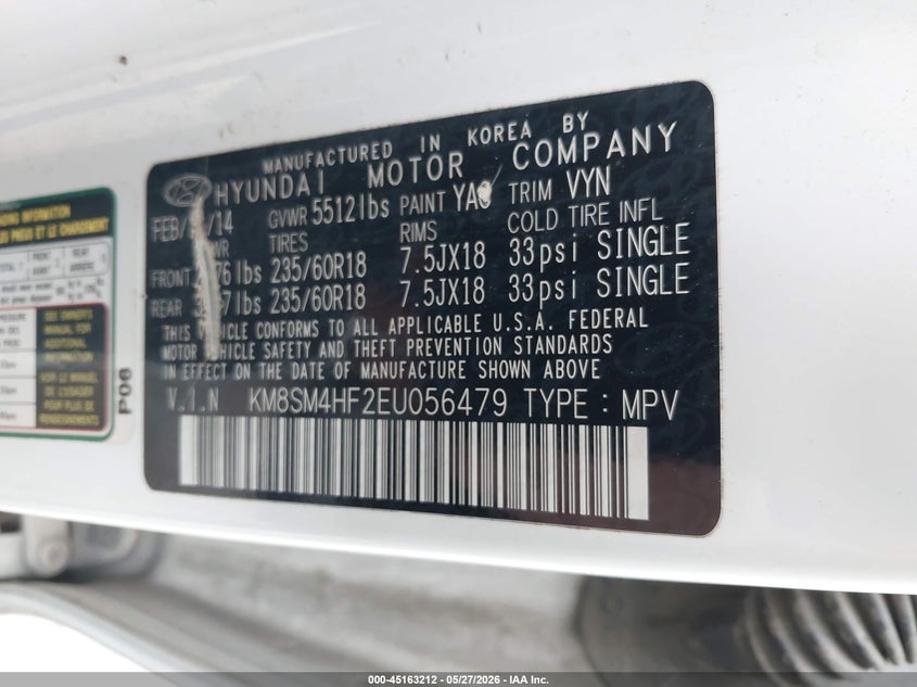 2014 Hyundai Santa fe VIN KM8SM4HF2EU056479 IAAI salvage auction — FRONT END, Clear (Oklahoma), sold $675 on 2026-07-15 (photo 9)