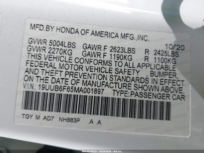 2021 Acura Tlx VIN 19UUB6F65MA001897 IAAI salvage auction — FRONT END, Salvage (Tennessee), sold $4,150 on 2026-07-11 (photo 9)