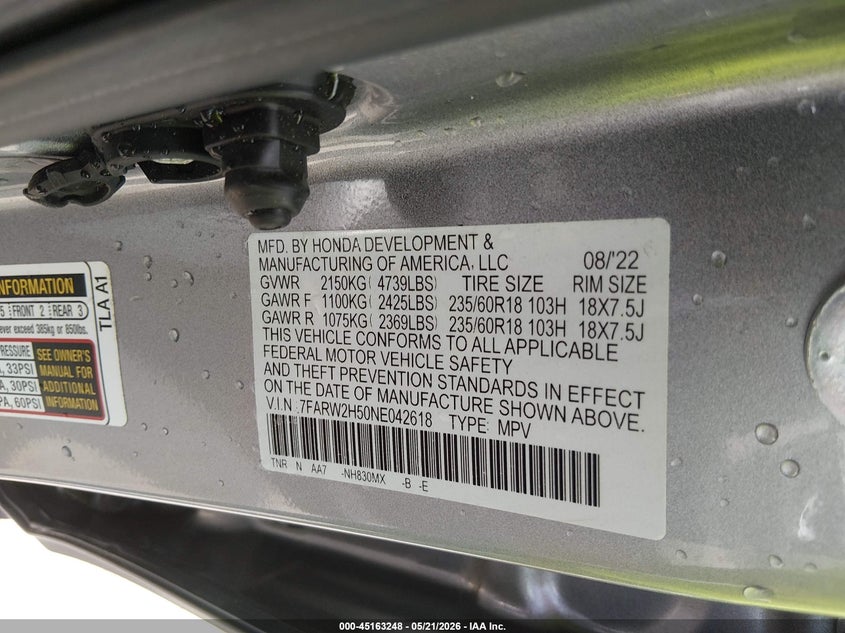 2022 Honda Cr-v VIN 7FARW2H50NE042618 IAAI salvage auction — REAR END, Salvage (Missouri), sold $11,150 on 2026-07-07 (photo 9)
