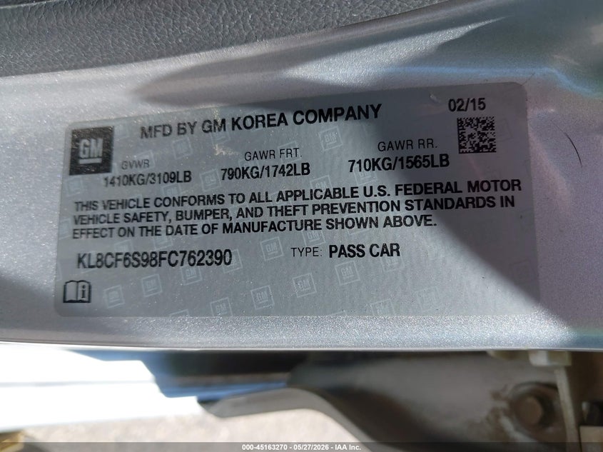 2015 Chevrolet Spark VIN KL8CF6S98FC762390 IAAI salvage auction — FRONT END, Salvage Title, sold $1,250 on 2026-07-20 (photo 9)