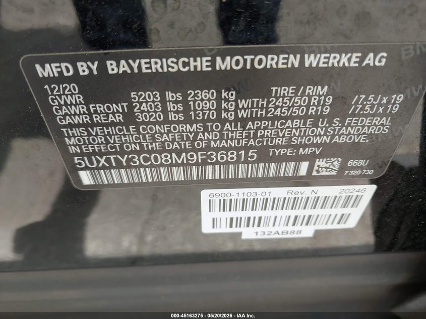 2021 BMW X3 VIN 5UXTY3C08M9F36815 IAAI salvage auction — FRONT END, Rebuildable (Florida), sold $10,500 on 2026-07-29 (photo 9)