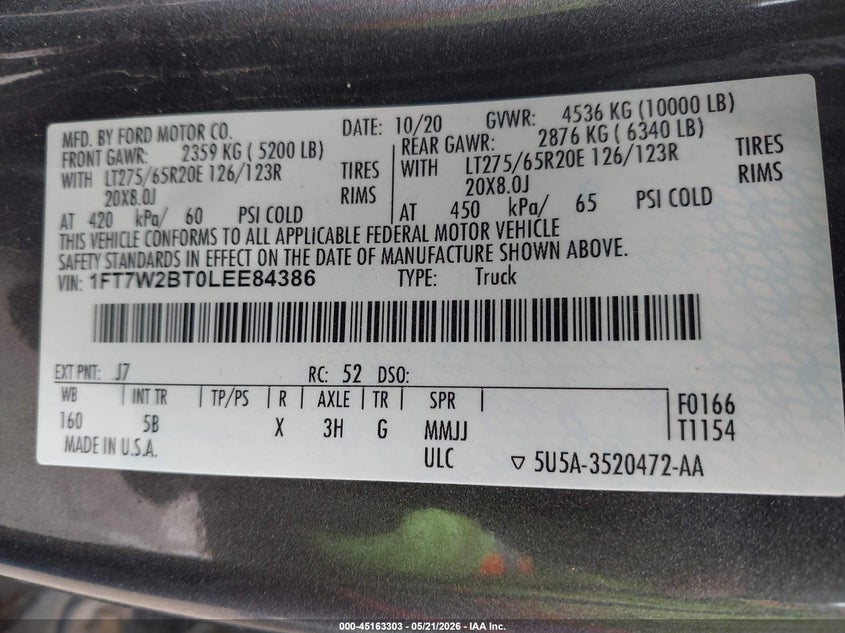 2020 Ford F250 VIN 1FT7W2BT0LEE84386 IAAI salvage auction — HAIL, Original (Texas), sold $14,300 on 2026-07-29 (photo 9)