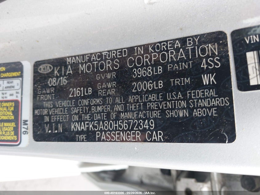 2017 Kia Forte VIN KNAFK5A80H5672349 IAAI salvage auction — THEFT, Salvage (Ohio), sold $875 on 2026-07-21 (photo 9)