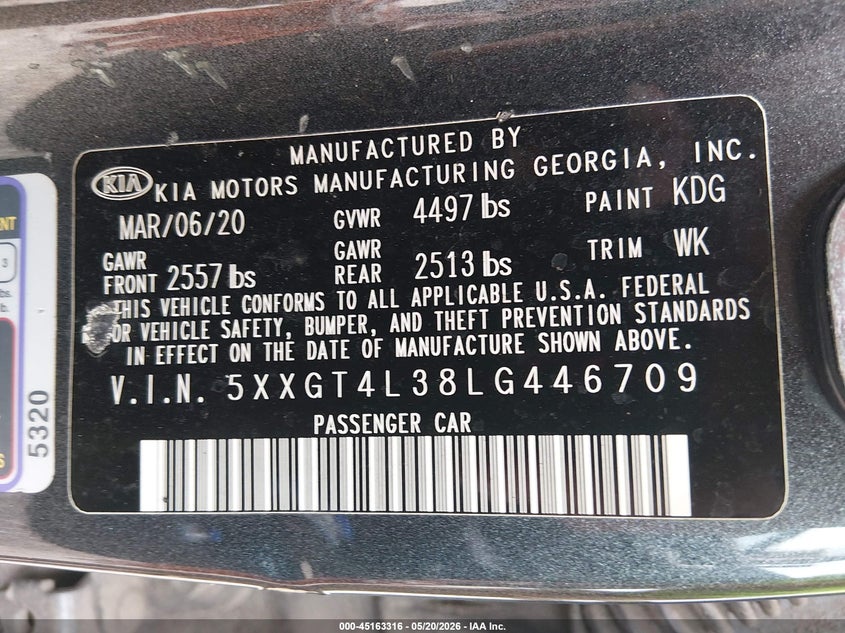 2020 Kia Optima VIN 5XXGT4L38LG446709 IAAI salvage auction — EXTERIOR BURN, Salvage (Louisiana), sold $50 on 2026-07-29 (photo 9)