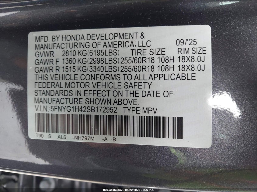 2025 Honda Pilot VIN 5FNYG1H42SB172952 IAAI salvage auction — LEFT REAR, Salvage - Greater Than 75% (Maryland), sold $15,800 on 2026-07-30 (photo 9)