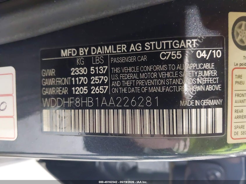 2010 Mercedes-benz E-class VIN WDDHF8HB1AA226281 IAAI salvage auction — WATER/FLOOD, Mv-907A (New York), sold $900 on 2026-07-09 (photo 9)