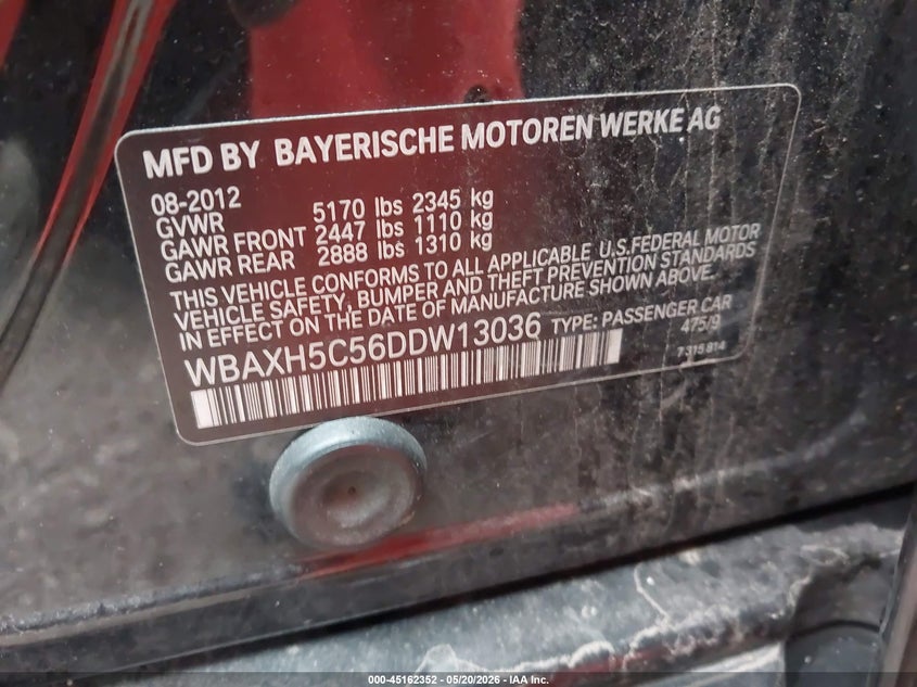 2013 BMW 5er VIN WBAXH5C56DDW13036 IAAI salvage auction — HAIL, Clear (Missouri), sold $825 on 2026-07-27 (photo 9)