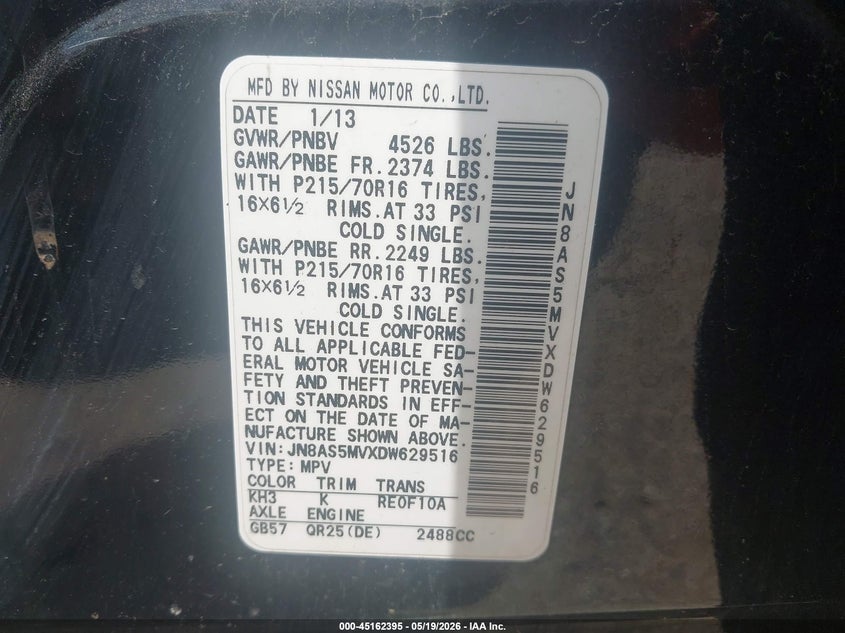 2013 Nissan Rogue VIN JN8AS5MVXDW629516 IAAI salvage auction — UNKNOWN, Clear (Illinois), sold $425 on 2026-07-07 (photo 9)
