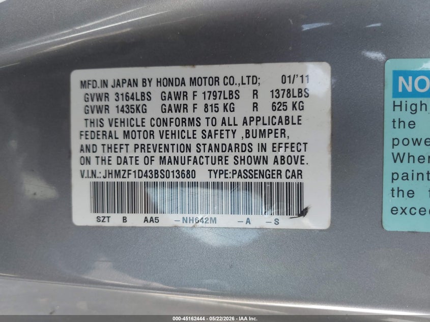 2011 Honda Cr-z VIN JHMZF1D43BS013680 IAAI salvage auction — FRONT END, Original (Texas), sold $1,725 on 2026-07-07 (photo 9)