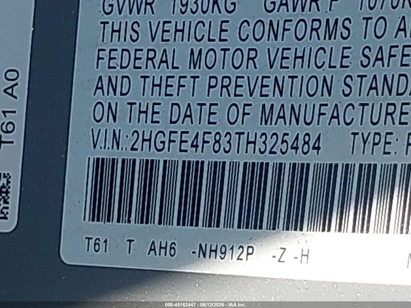 2026 Honda Civic VIN 2HGFE4F83TH325484 IAAI salvage auction — FRONT END, Salvage (South Carolina), sold $9,175 on 2026-10-06 (photo 9)