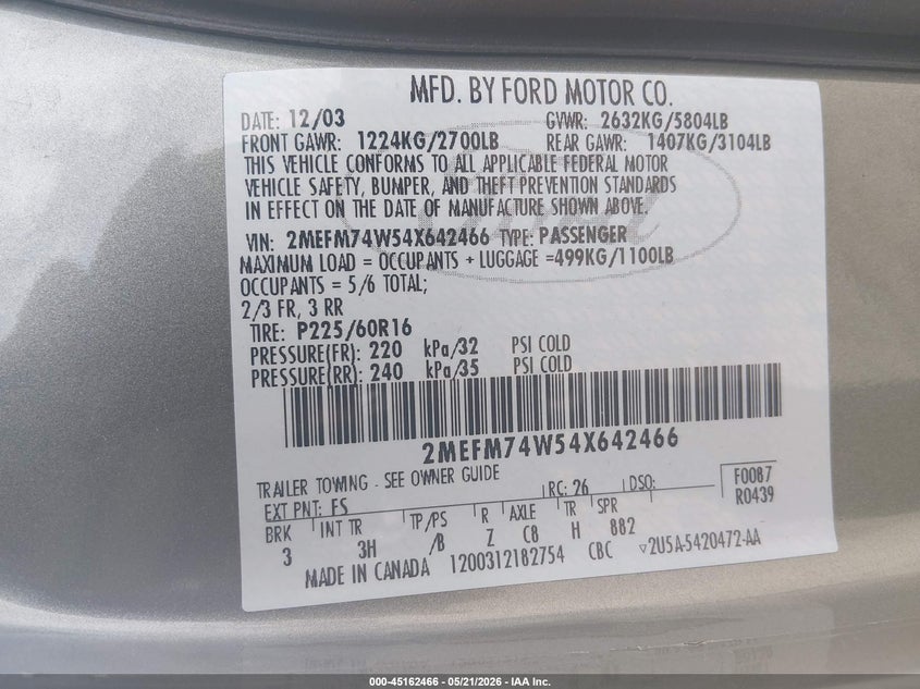 2004 Mercury Grand marquis VIN 2MEFM74W54X642466 IAAI salvage auction — NORMAL WEAR, Clear (Arkansas), sold $400 on 2026-07-08 (photo 9)