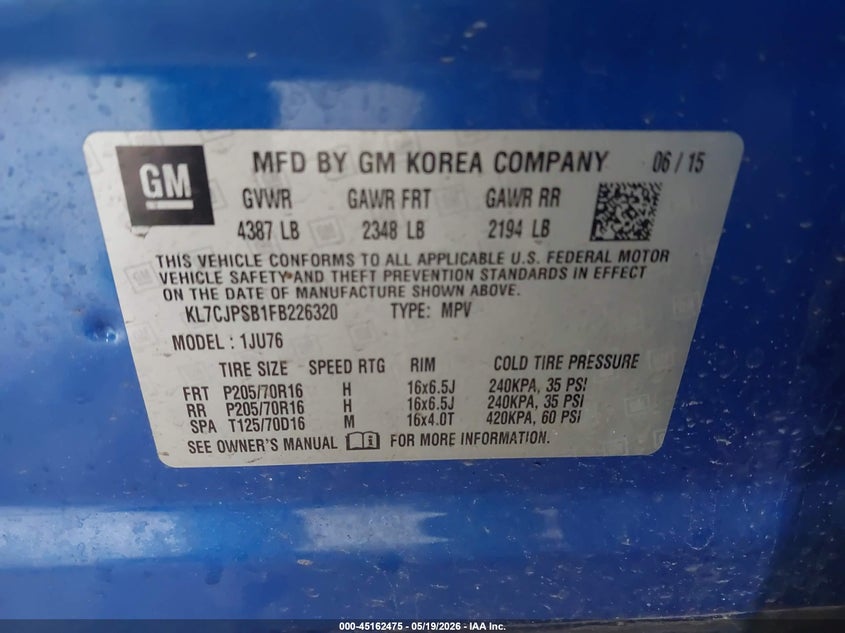 2015 Chevrolet Trax VIN KL7CJPSB1FB226320 IAAI salvage auction — FRONT END, Clear (Michigan), sold $475 on 2026-07-28 (photo 9)