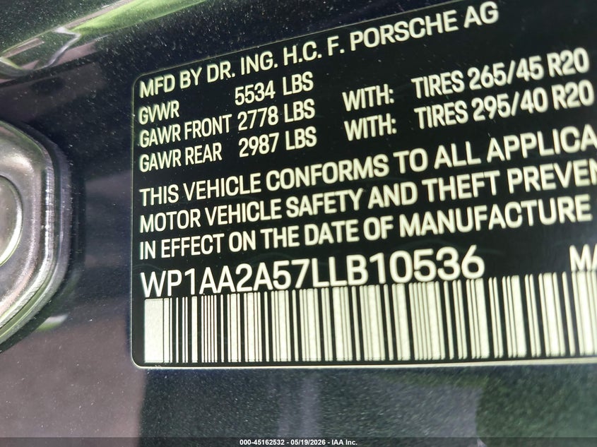 2020 Porsche Macan VIN WP1AA2A57LLB10536 IAAI salvage auction — LEFT FRONT, Clear (Michigan), sold $13,375 on 2026-07-30 (photo 9)