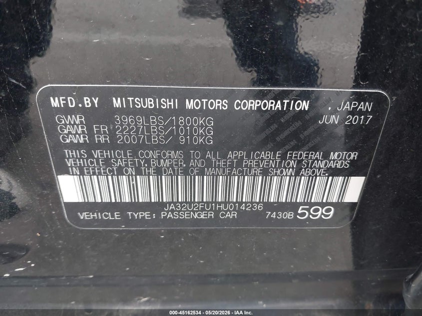 2017 Mitsubishi Lancer VIN JA32U2FU1HU014236 IAAI salvage auction — FRONT END, Clear (Indiana), sold $1,100 on 2026-07-17 (photo 9)