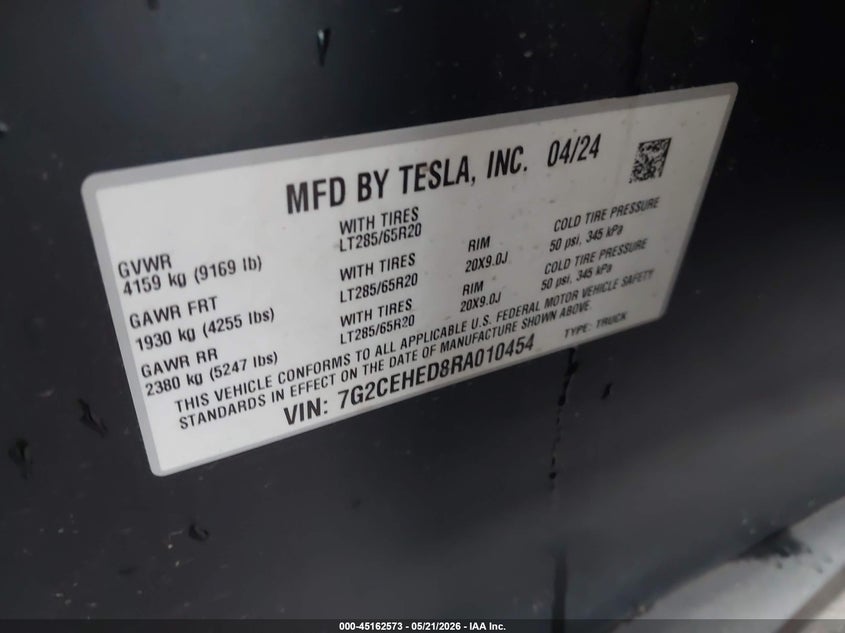 2024 Tesla Cybertruck VIN 7G2CEHED8RA010454 IAAI salvage auction — FRONT END, Salvage (Oklahoma), sold $22,100 on 2026-07-22 (photo 9)