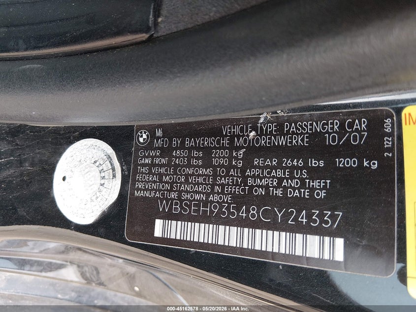 2008 BMW M6 VIN WBSEH93548CY24337 IAAI salvage auction — FRONT END, Salvage (Texas), sold $8,000 on 2026-08-08 (photo 9)