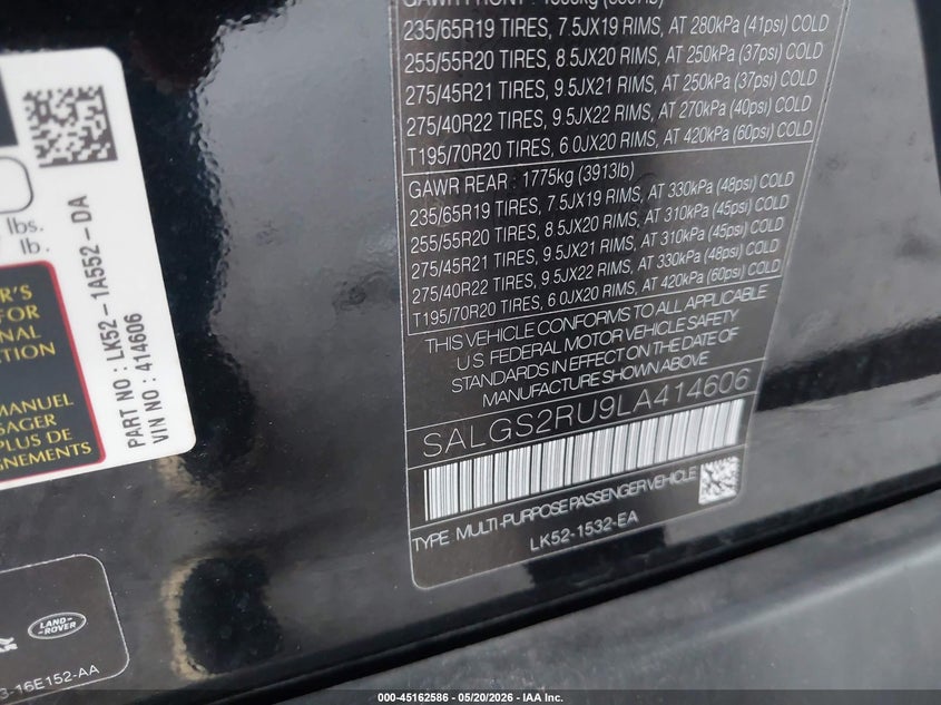 2020 Land rover RANGE ROVER VIN SALGS2RU9LA414606 IAAI salvage auction — NORMAL WEAR, Clear (Florida), sold $13,800 on 2026-07-08 (photo 9)