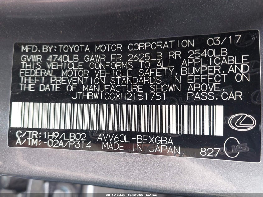 2017 Lexus ES VIN JTHBW1GGXH2151751 IAAI salvage auction — RIGHT FRONT, Salvage (Georgia), sold $10,375 on 2026-07-09 (photo 9)