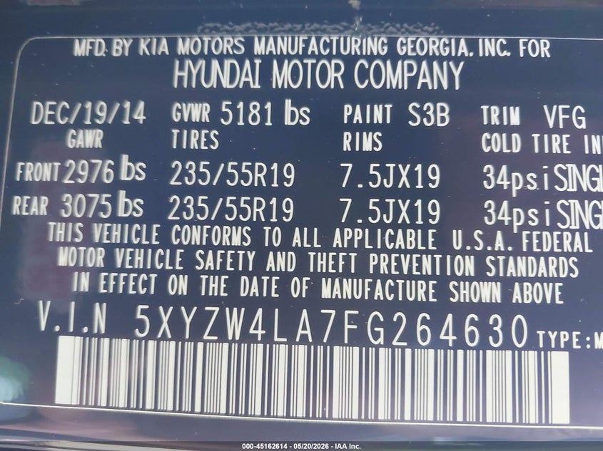2015 Hyundai Santa fe VIN 5XYZW4LA7FG264630 IAAI salvage auction — FRONT END, Clear (Virginia), sold $1,500 on 2026-07-06 (photo 9)