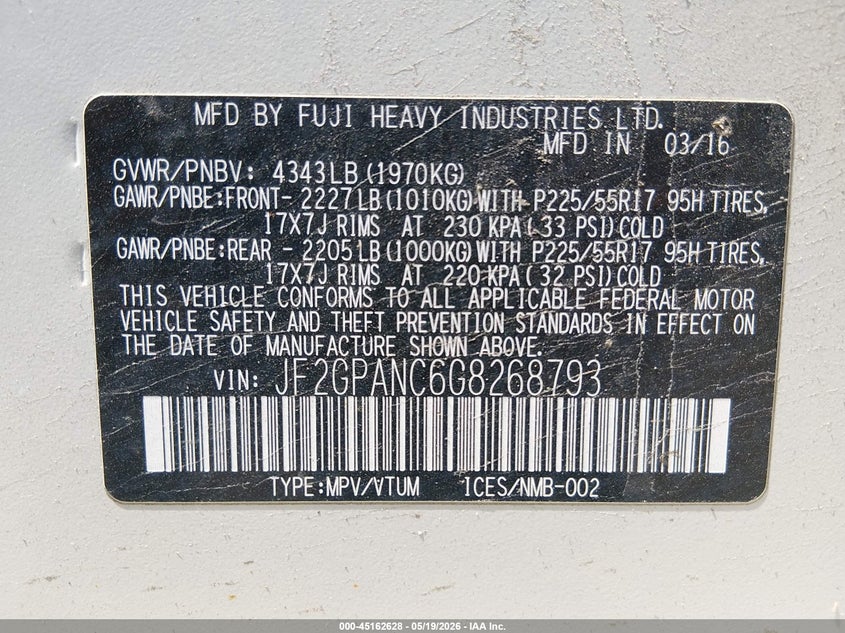 2016 Subaru Xv VIN JF2GPANC6G8268793 IAAI salvage auction — RIGHT FRONT, Salvage (Maine), sold $1,350 on 2026-07-27 (photo 9)