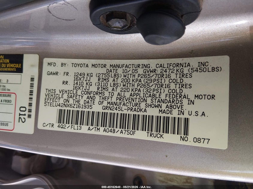 2006 Toyota Tacoma VIN 5TELU42NX6Z161935 IAAI salvage auction — RIGHT FRONT, Salvage (New Mexico), sold $3,050 on 2026-07-27 (photo 9)
