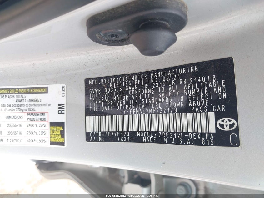 2021 Toyota Corolla VIN 5YFEPMAE2MP222179 IAAI salvage auction — FRONT END, Salvage (Georgia), sold $1,600 on 2026-07-22 (photo 9)