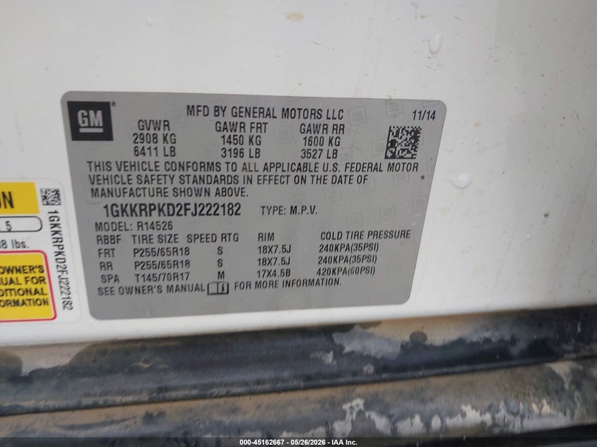 2015 GMC Acadia VIN 1GKKRPKD2FJ222182 IAAI salvage auction — Hail, Salvage, sold $900 on 2026-10-19 (photo 9)