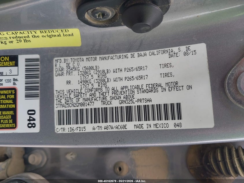 2016 Toyota Tacoma VIN 3TMAZ5CN2GM001477 IAAI salvage auction — FRONT END, Salvage (Texas), sold $8,500 on 2026-07-30 (photo 9)