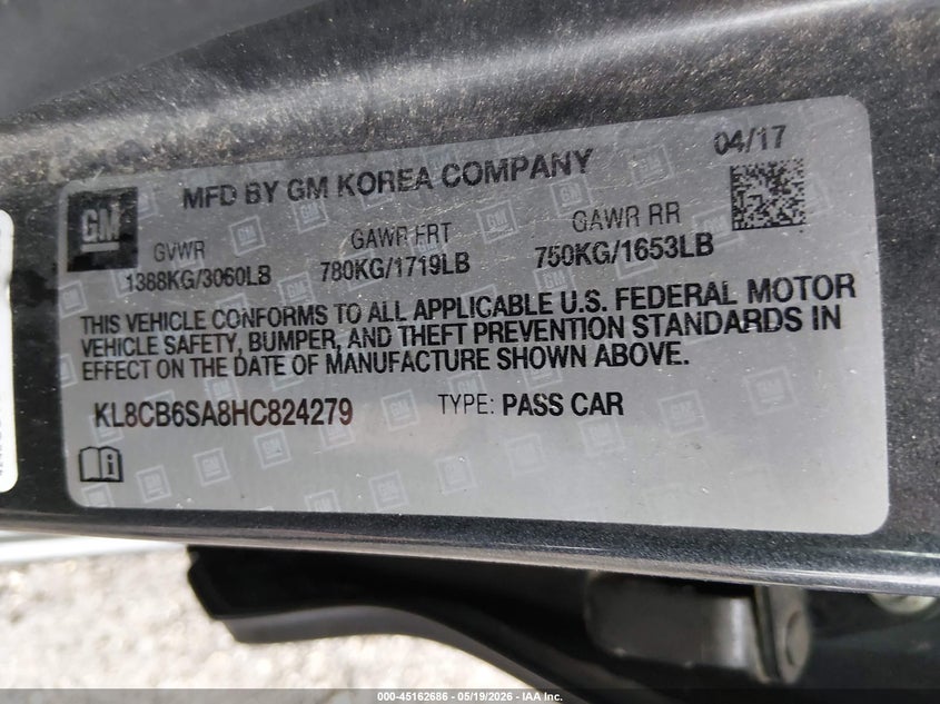 2017 Chevrolet Spark VIN KL8CB6SA8HC824279 IAAI salvage auction — FRONT END, Clear (Oklahoma), sold $1,625 on 2026-07-28 (photo 9)