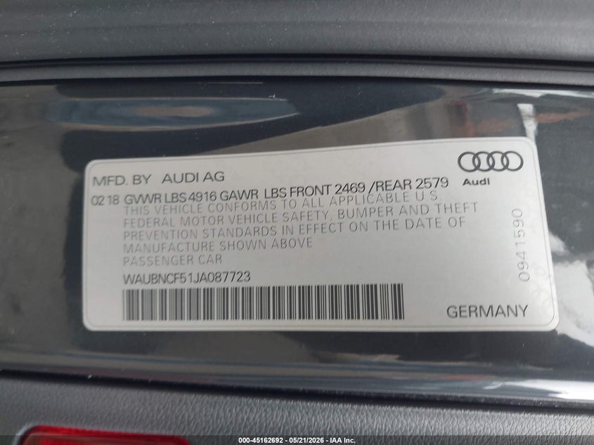 2018 Audi A5 VIN WAUBNCF51JA087723 IAAI salvage auction — FRONT END, Salvage - 75% Or Less (Maryland), sold $7,000 on 2026-07-30 (photo 9)