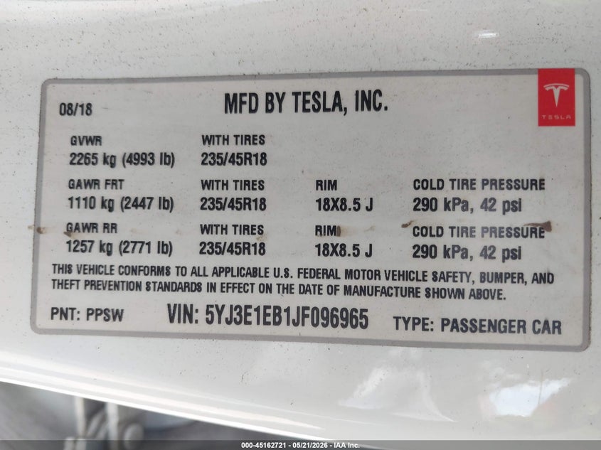 2018 Tesla Model 3 VIN 5YJ3E1EB1JF096965 IAAI salvage auction — REAR END, Salvage (Idaho), sold $4,600 on 2026-07-09 (photo 9)