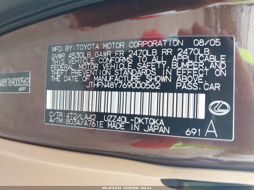 2006 Lexus Sc 430 VIN JTHFN48Y769000562 IAAI salvage auction — SIDE, Original (Texas), sold $13,900 on 2026-08-15 (photo 9)
