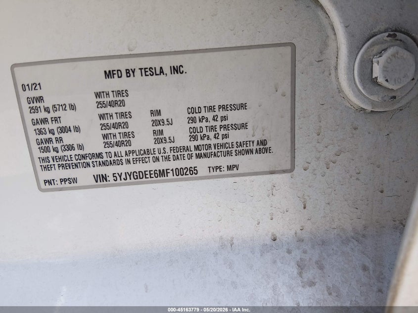 2021 Tesla Model y VIN 5YJYGDEE6MF100265 IAAI salvage auction — REAR END, Salvage (California), sold $7,200 on 2026-07-29 (photo 9)
