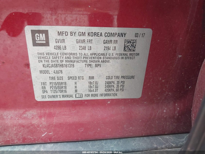 2017 Buick Encore VIN KL4CJASB1HB161319 IAAI salvage auction — HAIL, Clear (Missouri), sold $3,450 on 2026-07-20 (photo 9)