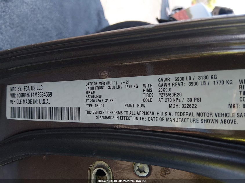 2021 Ram 1500 VIN 1C6RR6GT4MS534569 IAAI salvage auction — FRONT END, Salvage (Nevada), sold $4,750 on 2026-07-24 (photo 9)